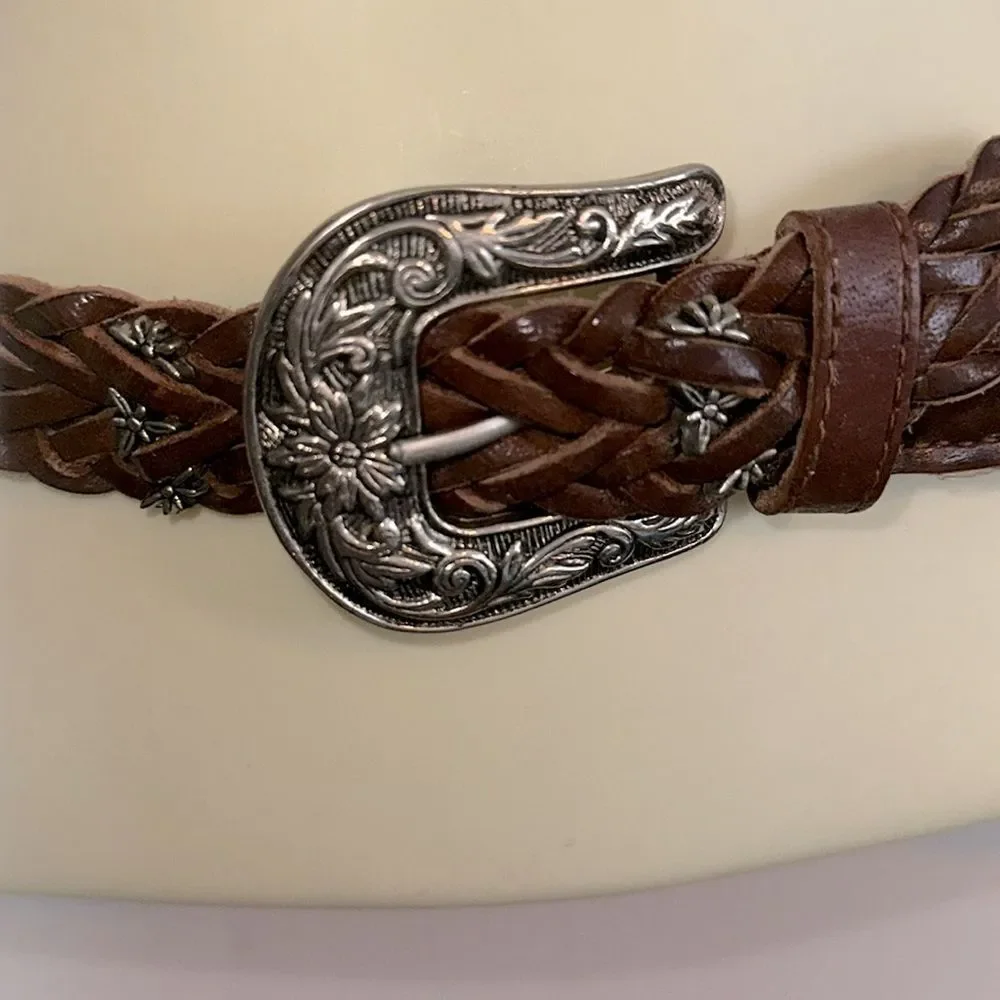 Vintage Boho Western Woven Braided Brown Leather Belt‎ with Floral Silver Buckle